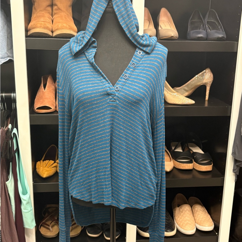 CAbi Blue Striped Hooded Top